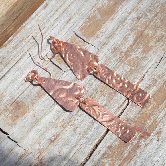 Copper Triangle Rustic Earrings Long Dangle Drop Boho Handmade Artisan Gift - Picture 5 of 7